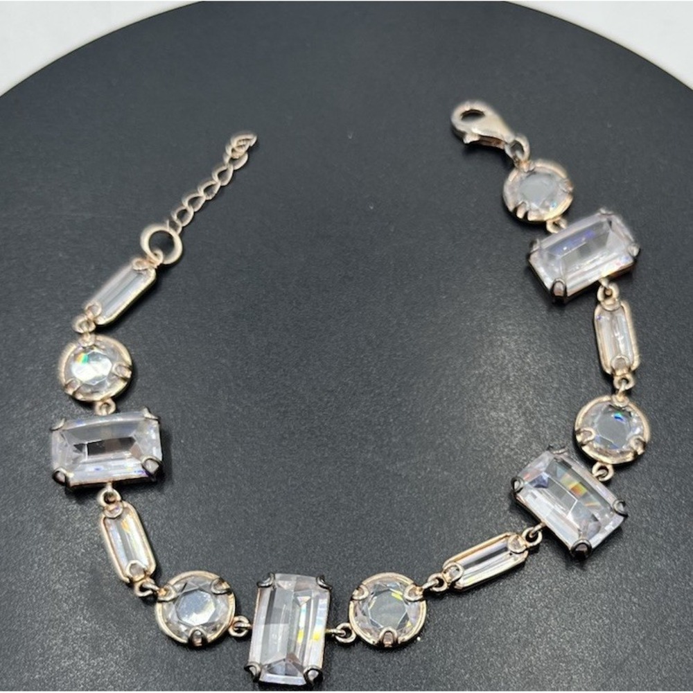 Vintage Sterling Silver Gold Plated Art Deco‎ Crystal Rhinestone Glass Bracelet